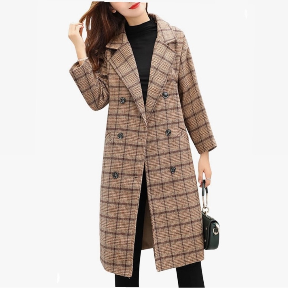 Women's Notch Lapel Double Breasted Wool Blend Mid Long Pea Trench Coat